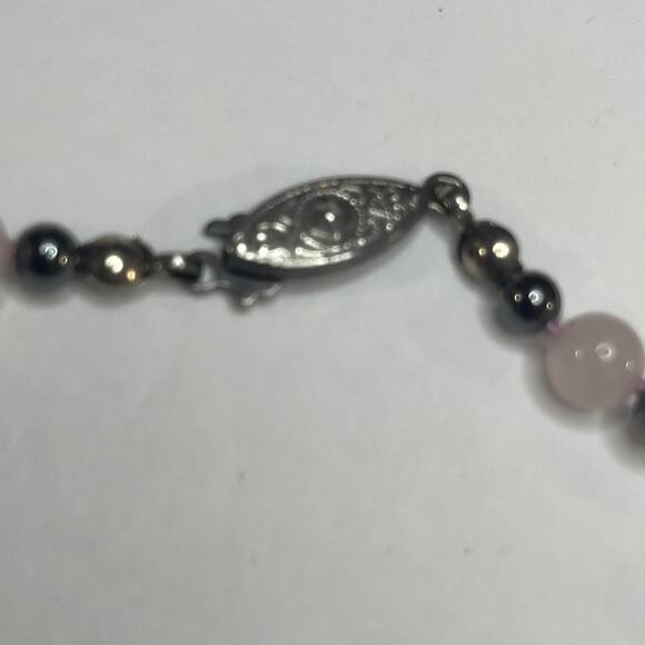 Rose quartz and maybe hematite necklace and stretch bracelet set petite trendy - Picture 6 of 8